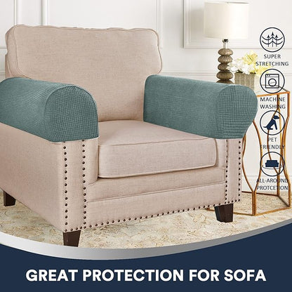 Sage Stretch Sofa Arm Covers - Spandex Jacquard Anti-Slip Armrest Protectors for Chairs, Sofas & Recliners, Set of 2