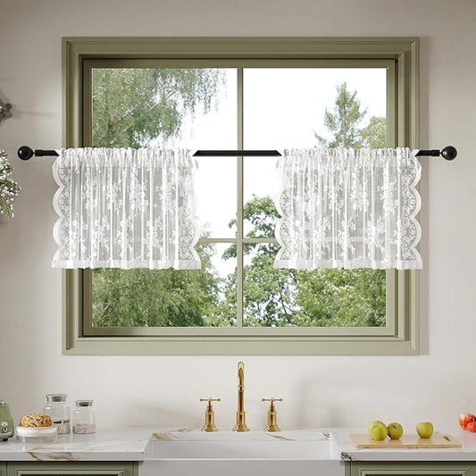 Anmao Vintage Lace Kitchen Curtains 18 Inches Long 2 Panels, Romantic Semi Sheer Floral Over Sink Lacy Cafe Curtain, Elegant Window Short Small Drapes, 55W x 18L, White Rose