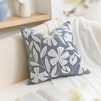 BlissBlush Blue Velvet Decorative Throw Pillow Cover 20X20, Flower Tufted Soft Farmhouse Textured Pillowcase, Accent Pillowcase for Couch Sofa Bed Living Room