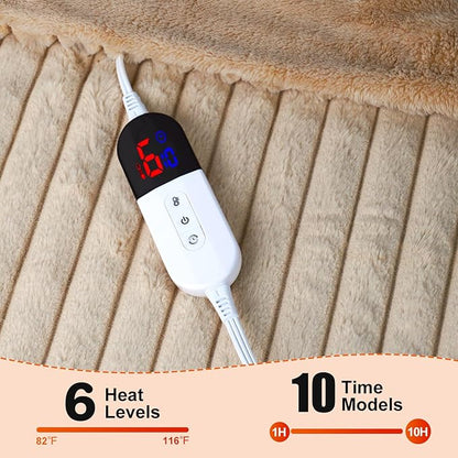 Electric Blanket, Soft Stripe Heated Blanket with 6 Heating Levels & 10 Hours Auto Shut Off, Fast Heating Warm Blanket, Machine Washable, Khaki, 84 x 90 Inch