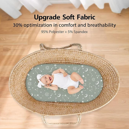 Baby Bassinet Sheets Girl Boy, Fitted Bassinet Sheet Set 3 Pack Bassinet Mattress Sheets Universal Fit for Rectangle, Round, Oval, Hourglass Mattress, Soft Breathable Green Gray Constellation