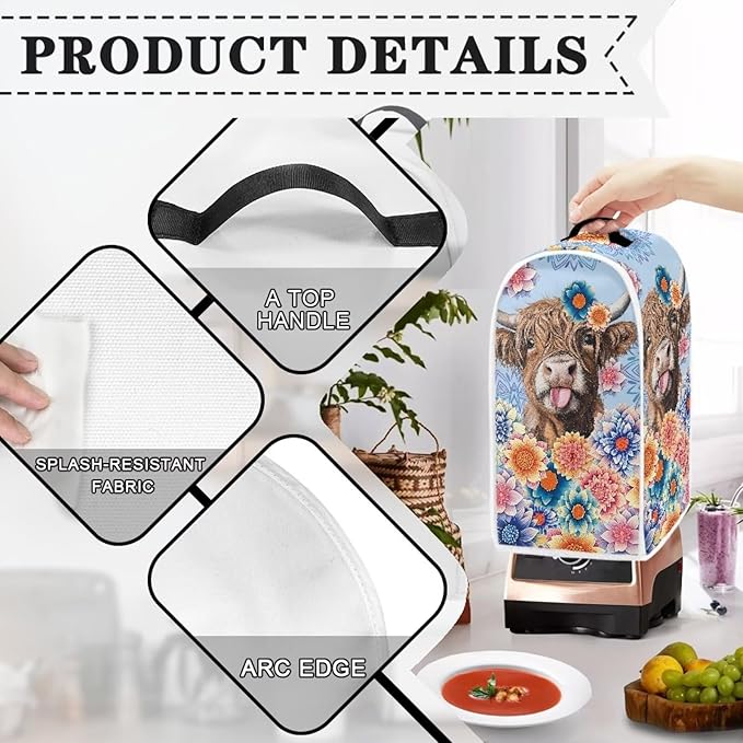 Talayituse Boho Mandala Highland Cattle Print Blender Dust Cover with Handle, Stand Mixer or Coffee Maker Appliance Covers Anti Fingerprint Dust Proof Stain Resistant Blender Cover for Home Kitchen