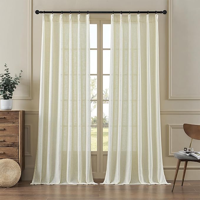 MASWOND Pleated Linen Sheer Curtains 96 Inches Long for Living Room 2 Panel Set, Semi Sheer Pinch Pleat Back Tab Drapes with Hooks Neutral Boho Light Filtering Curtain for Bedroom 8 Ft W38xL96