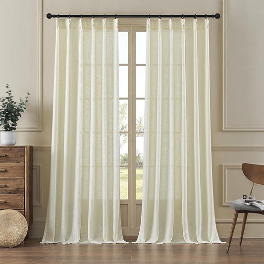 MASWOND Pinch Pleated Flax Linen Curtains 108 Inches Long 2 Panels Set for Living Room, Pleat Drapes Back Tab Semi Sheer Neutral Boho Ceiling to Floor Curtains for Bedroom 9 FT Linen W38xL108