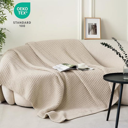 PHF Chenille Waffle Knit Throw Blanket- Plush Warm & Cozy 50" x 60" Ultra Soft Blanket- Chunky Fluffy Waffle Throws for Couch Bed Sofa - Natural