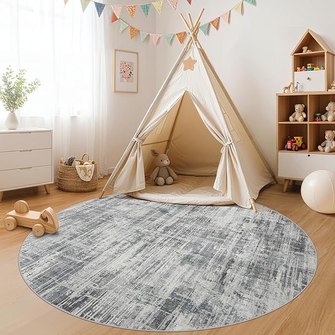 6ft Round Area Rug for Living Room: 6x6 Washable Neutral Abstract Modern Soft Rugs Non Slip Indoor Floor Stain Resistant Carpet for Bedroom Dining Room Office Nursery - Gray
