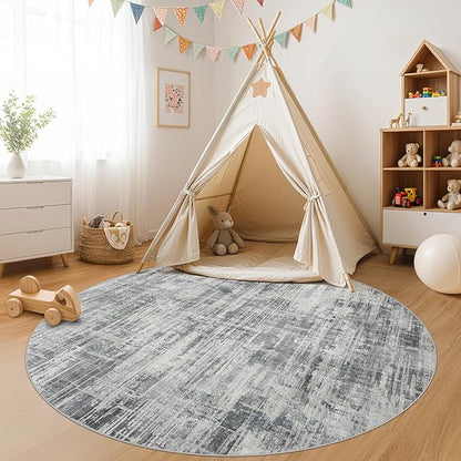 6ft Round Area Rug for Living Room: 6x6 Washable Neutral Abstract Modern Soft Rugs Non Slip Indoor Floor Stain Resistant Carpet for Bedroom Dining Room Office Nursery - Gray