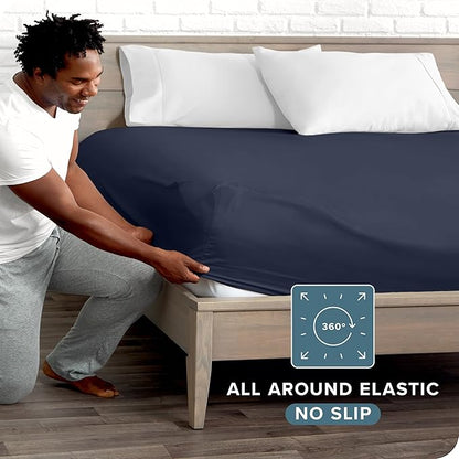 Bare Home Fitted Bottom Sheet Queen Size - Premium 1800 Microfiber - Ultra-Soft Hotel Luxury - Deep Pocket - Durable and Long Lasting - Fitted Sheet (Queen, Midnight Blue)