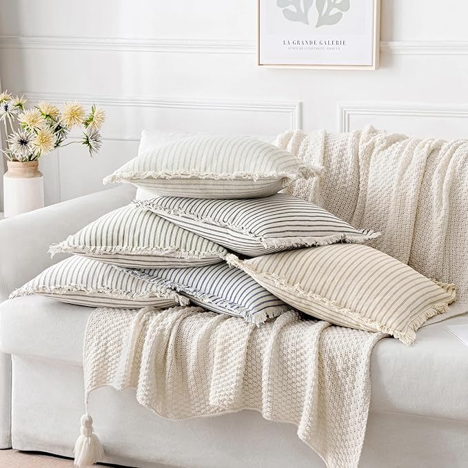 MIULEE Pack of 2 Sage Green Pillow Covers 18x18 Inch Striped Farmhouse Couch Spring Throw Pillow Covers with Fringe Chic Linen Decorative Cushion Covers for Sofa Living Room Bed Outdoor Home Decor
