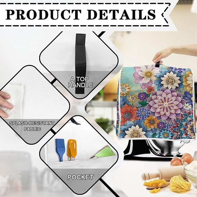 Kitchen Stand Mixer Covers Boho Mandala Flower Mixer Cover Dust Cover Washable Kitchen Appliance Cover for 6-8 Quart Mixers, Keep Your Kitchen Clean