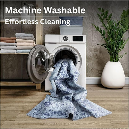 Bloom Rugs Washable Non-Slip 4' x 6' Rug - Gray/Blue Traditional Medallion Area Rug for Living Room, Bedroom, Dining Room, and Kitchen - Exact Size: 4' x 6'