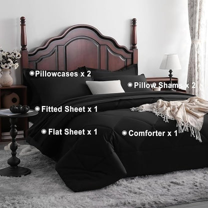 NTBAY King Comforter Set with Sheets, 7 Pieces Soft and Breathable King Bedding Set, Bed in a Bag, Down Alternative Comforter Set Solid Color All Season, King Bedding Set, Black