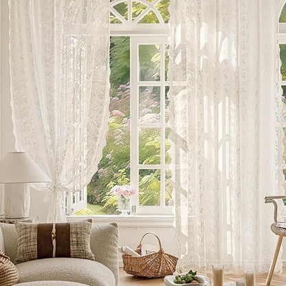Anmao Vintage Lace Curtains 96 Inches Long 2 Panels Set, Romantic Elegant Light Filtering Semi Sheer Floral Thick Lacy Curtain Drapes for Living Room and Bedroom, Each Panel 55W x 96L, Beige Plum