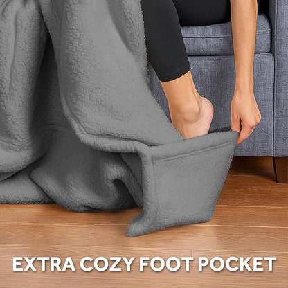Sunbeam Royal Sherpa Foot Pocket Heated Throw Electric Blanket, 50" x 60", 4 Heat Settings, 4-Hour Auto Shut-Off, Warming Throw for Couch or Bed, Fast Heating, Machine Washable, Grey