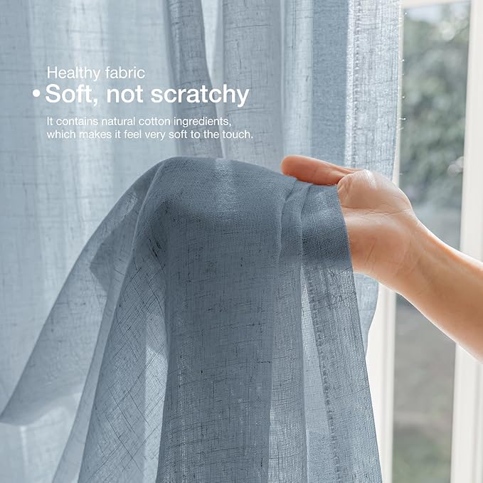 Anmao Natural Linen Curtains for Living Room 72 Inch Length 2 Panels Set, Light Filtering Semi Sheer Window Curtain Drapes for Bedroom with Curtain Rings and Clips, 52Wx72L, Haze Blue