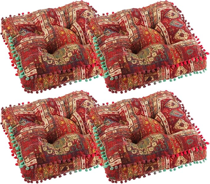 Bohemian Seat Cushion，Indoor & Outdoor 16.5" x 16.5" Seating Cushion for Dinning Chairs, Decorative with Tassels(4Pcs, Red)