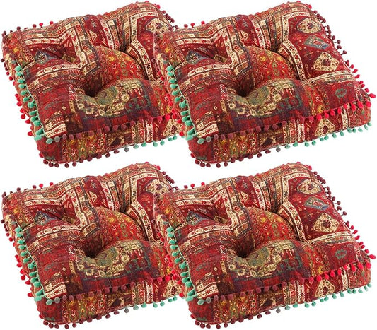 Bohemian Seat Cushion，Indoor & Outdoor 16.5" x 16.5" Seating Cushion for Dinning Chairs, Decorative with Tassels(4Pcs, Red)