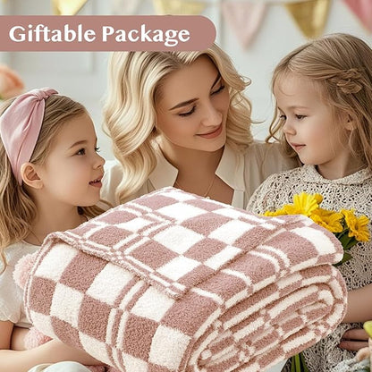 WRENSONGE Checkered Throw Blanket, Clay Pink Soft Cozy Fluffy Warm Hand Made Throw Blankets for Couch, Sofa, Chair, Bed, Camping, Picnic, Travel Lightweight Bed Blanket - 50"*60"