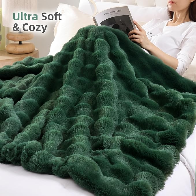 Smoofy Faux Fur Throw Blanket for Couch – Dark Green Fluffy Cozy Rabbit Fleece, Plush Soft Bubble Blanket for Sofa & Bed, for Mom, Warm Fuzzy Home Room Decor Throw 60" x 80"