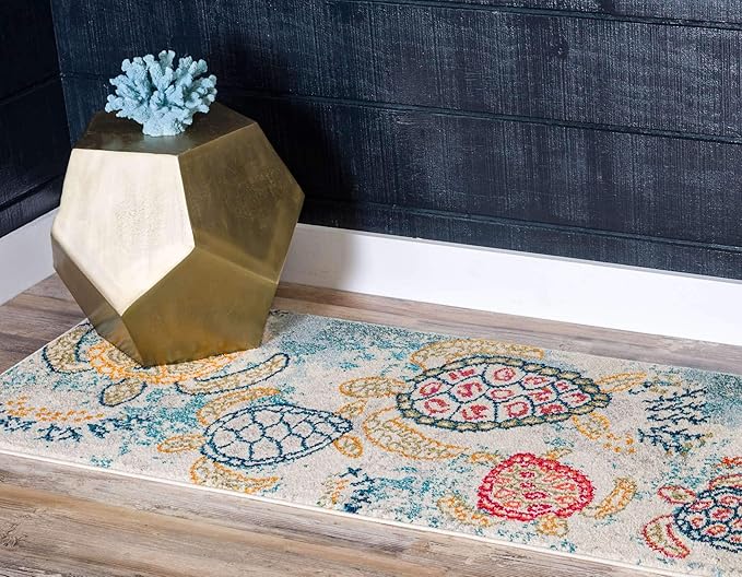 Unique Loom Positano Collection Coastal Modern Turtles Beige Runner Rug (2' x 7')