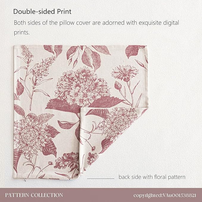 Foindtower Set of 2 Linen Floral Vintage Throw Pillow Covers Neutral Accent Decorative Cushion Covers Farmhouse Boho Home Decor for Sofa Chair Couch Bedroom Living Room,20×20 Inch,Dark Pink