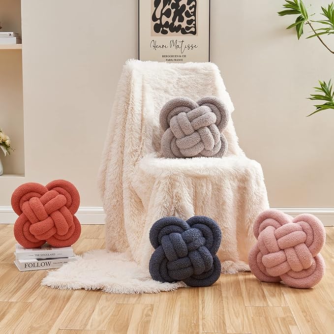 Xiashrk Knot Pillow Ball, 12" Soft Decorative Throw Pillows for Couch Bed, Gray Pink Knotted Plush Throw Pillow Handmade Square Cushion Home Couch Decor Pillows for Living Room