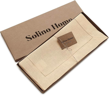 Solino Home Linen Beige Table Runner 72 Inches Long - 100% Pure Linen Hemstitch Table Runner 14 x 72 Inch for Dresser, Dining, Christmas, New Year - Classic Hemstitch