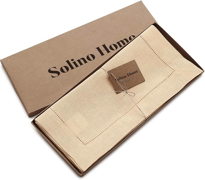 Solino Home Linen Beige Table Runner 90 Inches Long - 100% Pure Linen 14 x 90 Inch Table Runner for Christmas, New Year - Classic Hemstitch