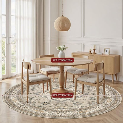 8ft Round Vintage Living Room Area Rug - 8x8 Large Soft Washable Oriental Traditional Distressed Farmhouse Rugs for Bedroom - Indoor Floor Accent Carpet for Home Office House Decor - Beige