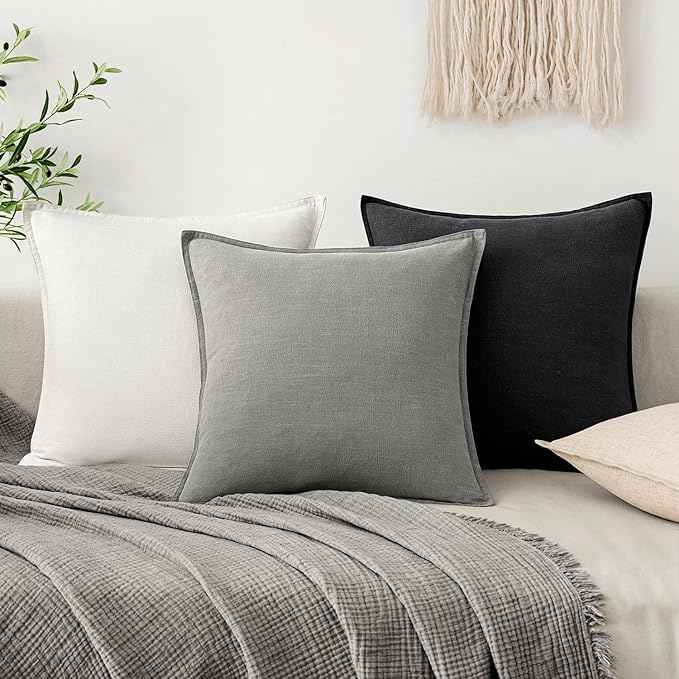 EMEMA Decorative Linen Throw Pillow Covers 24x24 Inch Cream Boho Farmhouse Neutral Couch Throw Pillows for Bed Pack of 2 Accent Pillowcase Modern Sofa Cushion Livingroom Home