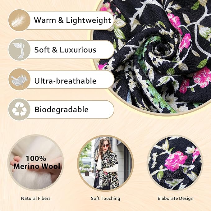 DANA XU 100% Merino Wool Extra Large Pashmina Blanket Travel Scarf Cashmere Wrap for Women Fall Winter Oversize Shawl Floral