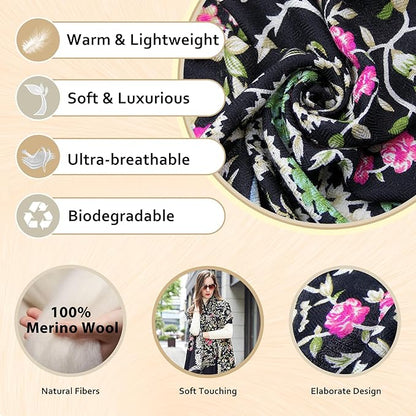 DANA XU 100% Merino Wool Extra Large Pashmina Blanket Travel Scarf Cashmere Wrap for Women Fall Winter Oversize Shawl Floral