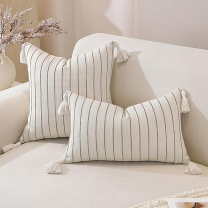 Boho Throw Pillow Covers 20x12 Inch Set of 2, Textured Linen Striped Lumbar Cushion Covers with Tassels, Soft & Cozy Farmhouse Decor Pillow Cases for Sofa, Couch, Bed, Living Room, Green