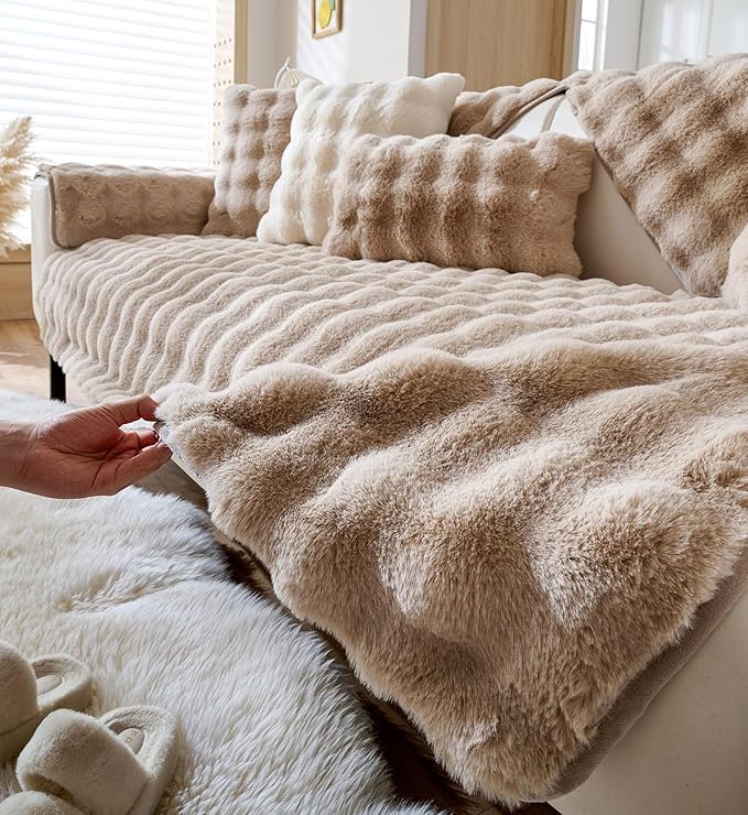 Faux Fur Couch Cover Fuzzy Soft Plush Thick Bubble Sofa Cover Luxury Sectional Couch Covers Luxury Anti-Slip Sofa Slipcover Washable Furniture Protector (Khaki,36"x94")