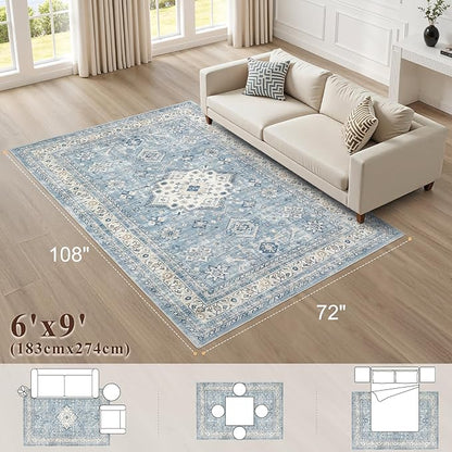 Vintage Living Room Area Rug 6x9 - Large Soft Washable Oriental Traditional Distressed Farmhouse Rugs for Bedroom - Indoor Floor Accent Carpet for Home Office House Decor - Blue