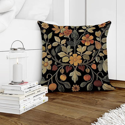 William Morris Abstract Vintage Print Floral Velvet Design Throw Pillow Covers Home Decor, Retro Art Deco Pillowcase Cushion Cover for Bed Sofa Living Room, Square 18x18inch (Black-Floral2)