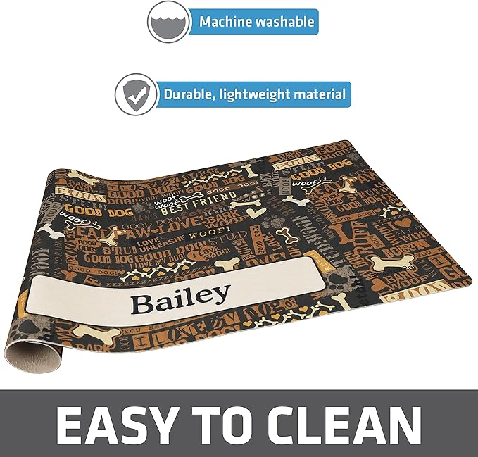 Drymate Personalized Pet Bowl Placemat, Custom Dog & Cat Food Feeding Mat - Absorbent Fabric, Waterproof Backing - Machine Washable/Durable (USA Made) (16" x 28") (Best Friend Brown)