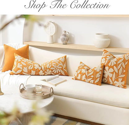 BlissBlush Fall Throw Pillow Cover 12x20, Yellow Mustard Soft Velvet Floral Decorative Lumbar Accent Throw Pillowcase, Tufted Farmhouse Textured Pillowcase for Couch Sofa Bed Living Room Home Décor