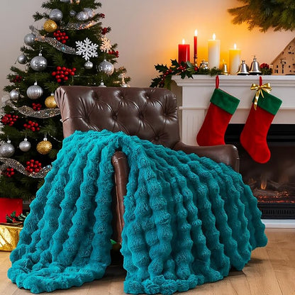 Lotus Karen Faux Fur Throw Blanket Teal - Big Bubble Rabbit Fluff Blanket for Couch Bed Sofa,Softest Fluffy Fuzzy Cozy Blanket,Thick Furry Plush Shaggy Warm Blankets for Women,108x90 Inches