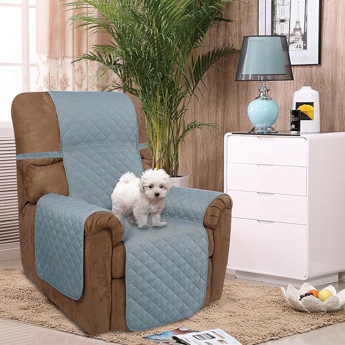 U-NICE HOME Recliner Chair Covers Reversible Chair Cover Pet Covers for Dogs with Elastic Straps Water Resistant Diamond Quilted (28''Recliner Oversized, Light Blue/Beige)