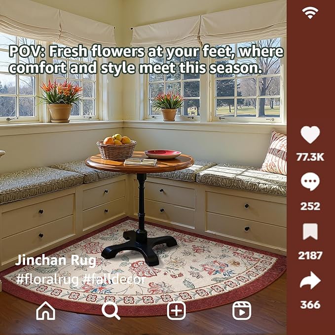 jinchan Elora Floral Corner Rug for Entryway Washable Rug Vintage Romance Christmas Design Non Slip Quarter Circle Lightweight Low-Pile Throw Carpet for Playroom Nook Nursery, 4ft Radius, Red/Beige