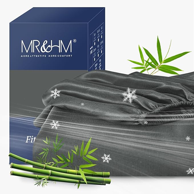 MR&HM Full Fitted Sheet Only, Ultra-Soft Rayon Derived from Bamboo & Polyester Blend, Silky & Breathable, 15" Deep Pocket with Elastic Straps, Cooling Fitted Sheet for Hot Sleepers, Dark Grey