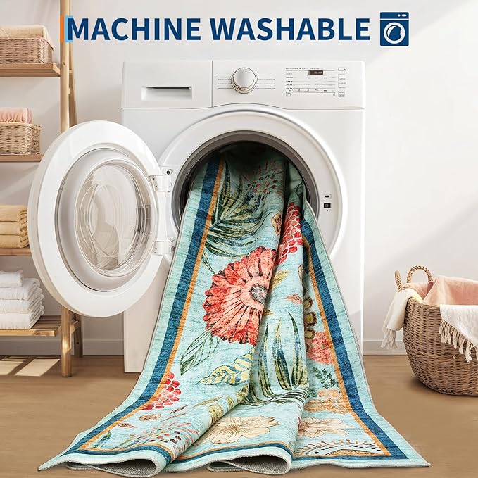 GarveeHome 9x12 Floral Washable Area Rug: Large Living Room Area Rug with Non-Slip Backing Washable Ultra Soft Bedroom Floral Carpet Indoor Stain Resistant Carpet for Dining Room 9 * 12 ft Light Blue