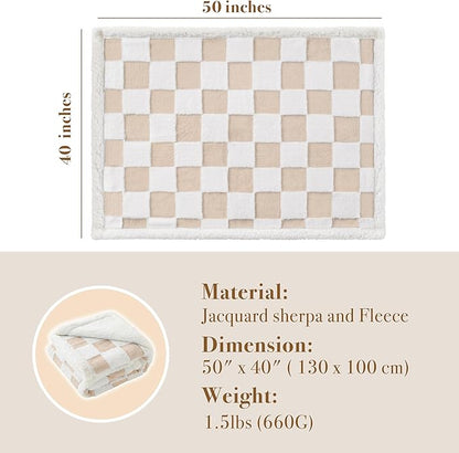 Checkered Dog Blanket, Beige Khaki Jacquard Sherpa Blankets for Small Dog and Cats, Cute Aesthetic Style Fluffy Fleece Pets Blanket for Couch Protection Washable, 40"x50"