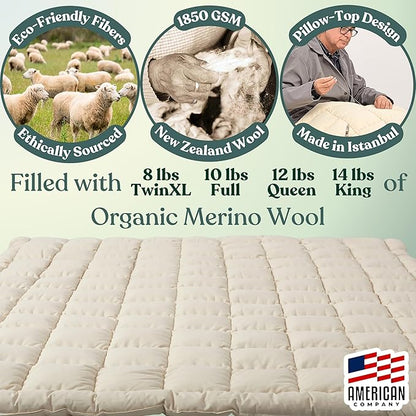 Organic Merino Wool Mattress Topper - Luxury Pillow Top Mattress Pad, Handmade, Non-Toxic, Cooling & Hypoallergenic, Natural Back Pain Relief, Sustainable Bedding (Queen)