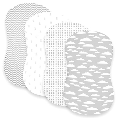 BaeBae Goods Premium Bassinet Fitted Sheet Set - 4 Pack 100% Jersey Knit - Grey and White - Chevron Pattern - Standard Size Oval or Halo Bassinet Pads