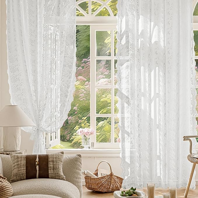 Anmao Vintage Lace Curtains 96 Inches Long 2 Panels Set, Romantic Elegant Light Filtering Semi Sheer Floral Thick Lacy Curtain Drapes for Living Room and Bedroom, Each Panel 55W x 96L, Bright White