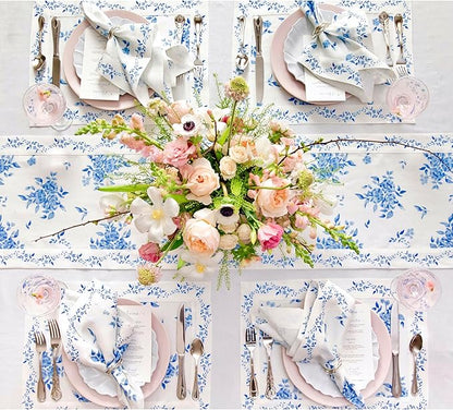 Solino Home Blue Floral Print Table Runner 90 Inches Long - 100% Pure Linen Table Runner 14 x 90 Inch - Handcrafted and Machine Washable - Jolie Fleur Print