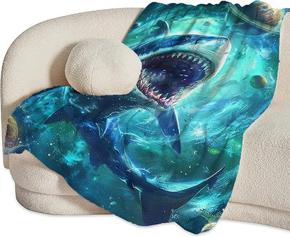Funny Shark Throw Blanket, 60"x50", Multicolor, Microfiber, Shark Quilt, Modern Style, All Ages, All Seasons, Heavy Weight, Easy Care