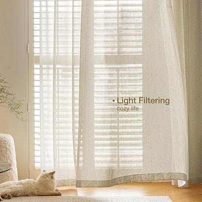 Anmao Flax Linen Curtains for Living Room 63 Inch Length 2 Panels Set, Light Filtering Sheer Window Curtain Drapes for Bedroom with Nickel Grommet, 52 Inch Wide Each Panel, Linen Color